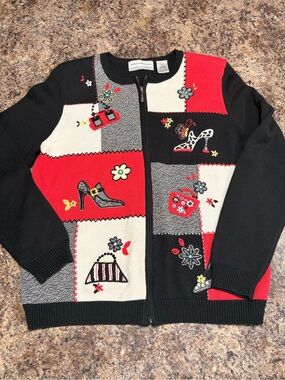 Alfred Dunner Black Red White Colorblock Embroidered Zip Cardigan